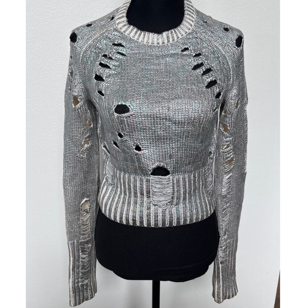 ZOE JORDAN Euler Foil Silver Cashmere Distressed Sweater ASO Gigi Hadid S/M